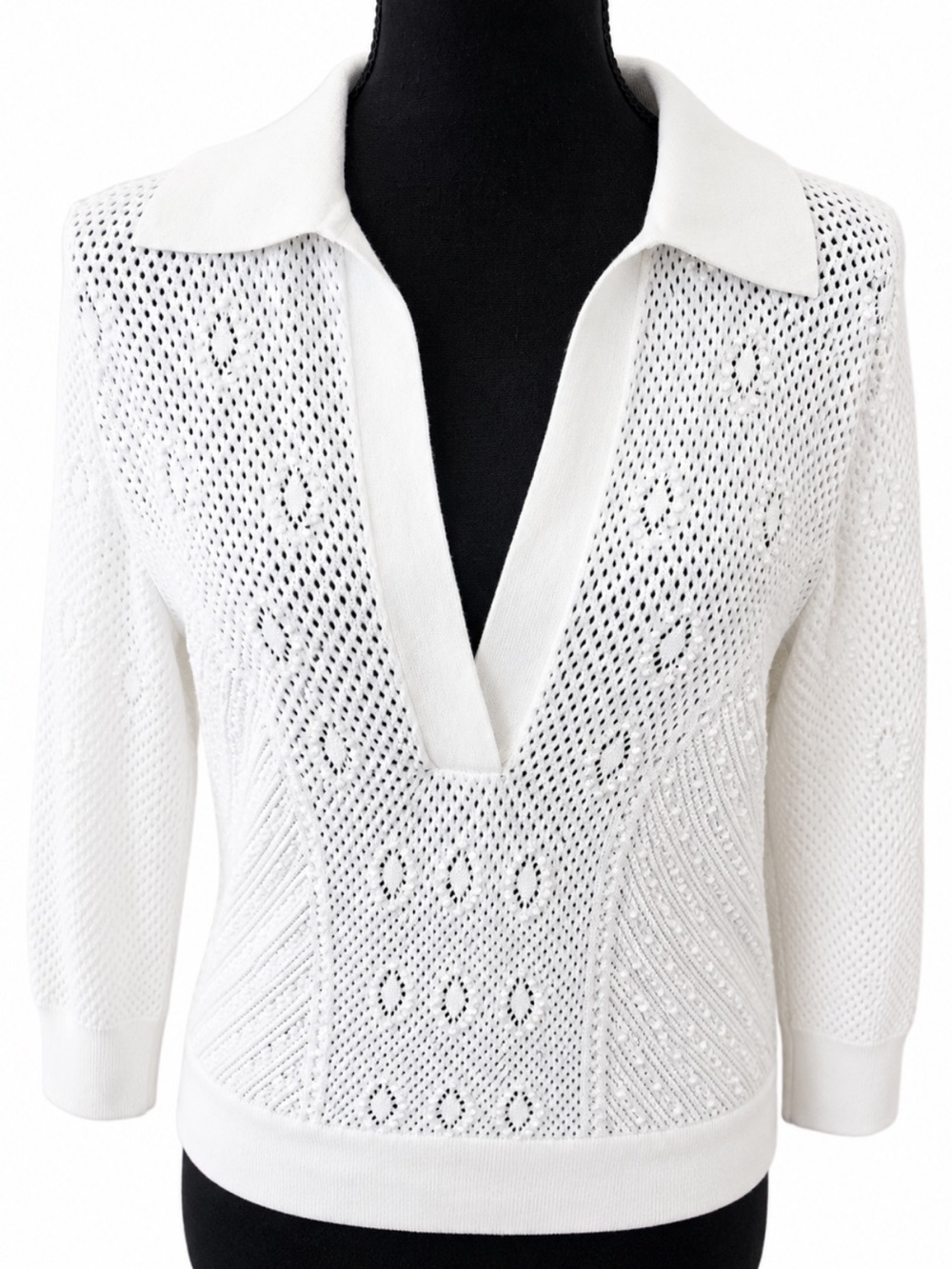 WHBM White Open Knit Collared V-Neck Sweater XS